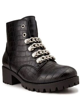 Nib Sugar Obvi Faux Leather Chain Combat Lace Up Boots